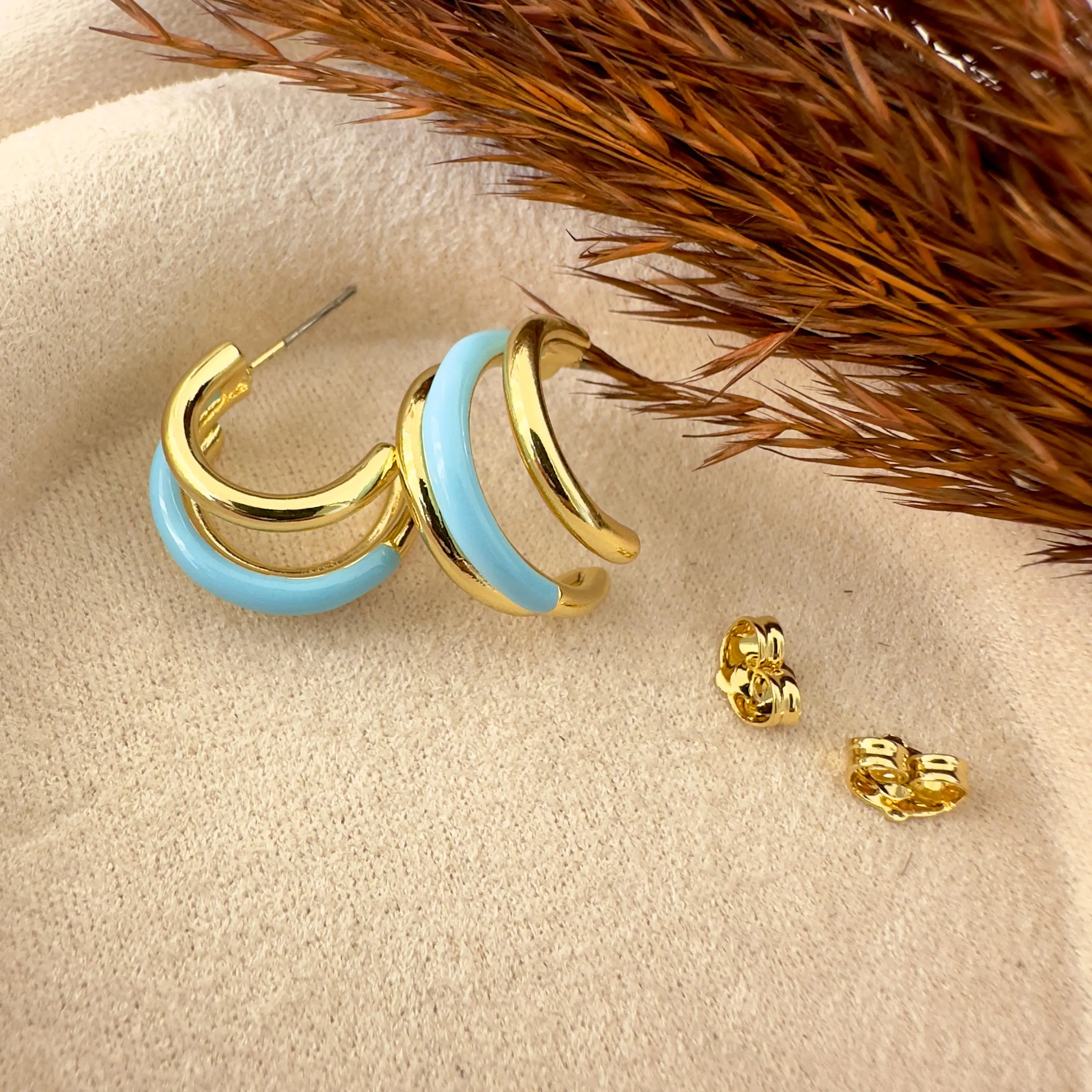 GY0054 Gold Mavi Üç Sıra Küpe