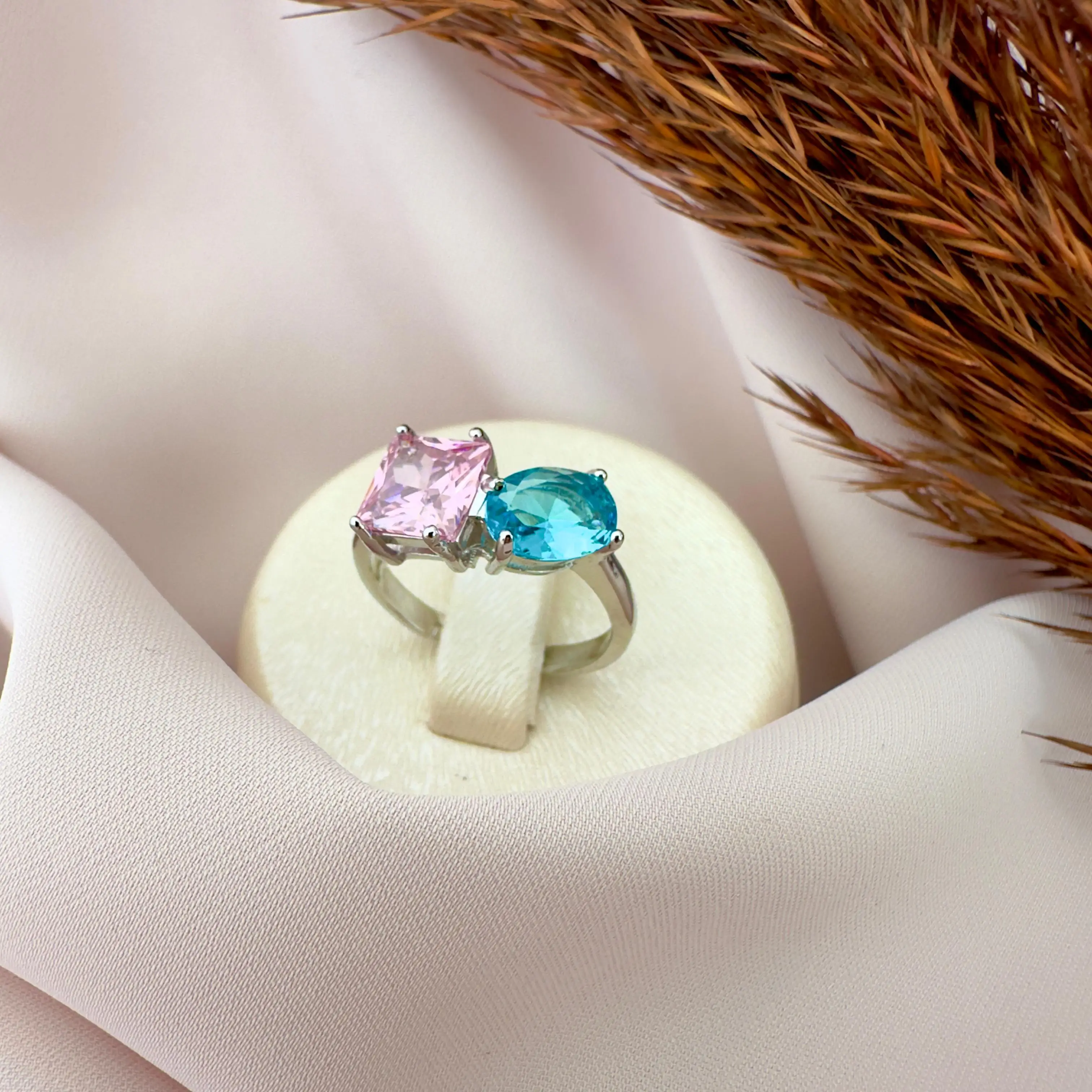 GY0077 Silver Pembe Mavi Taş Yüzük