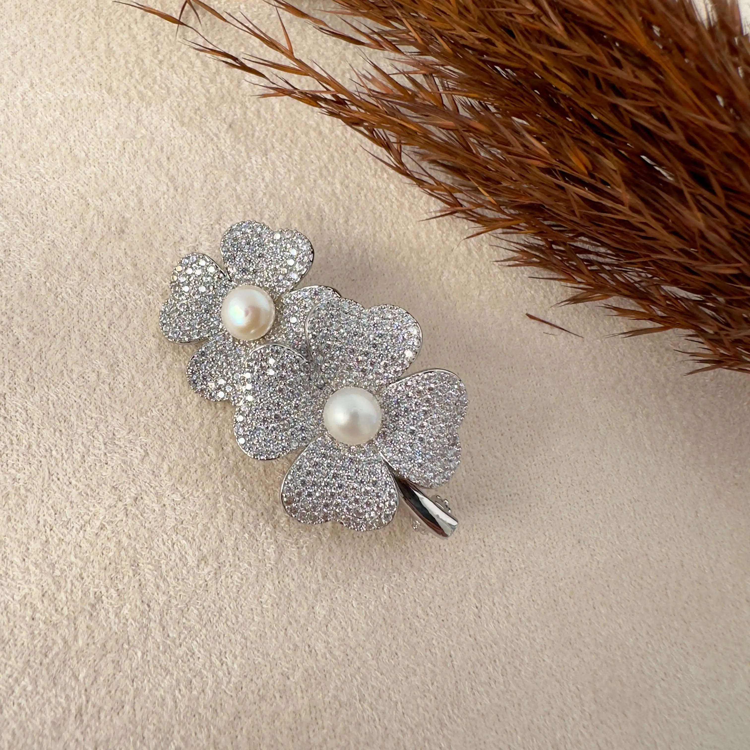 GY0037 Silver İkili Çiçek Broş